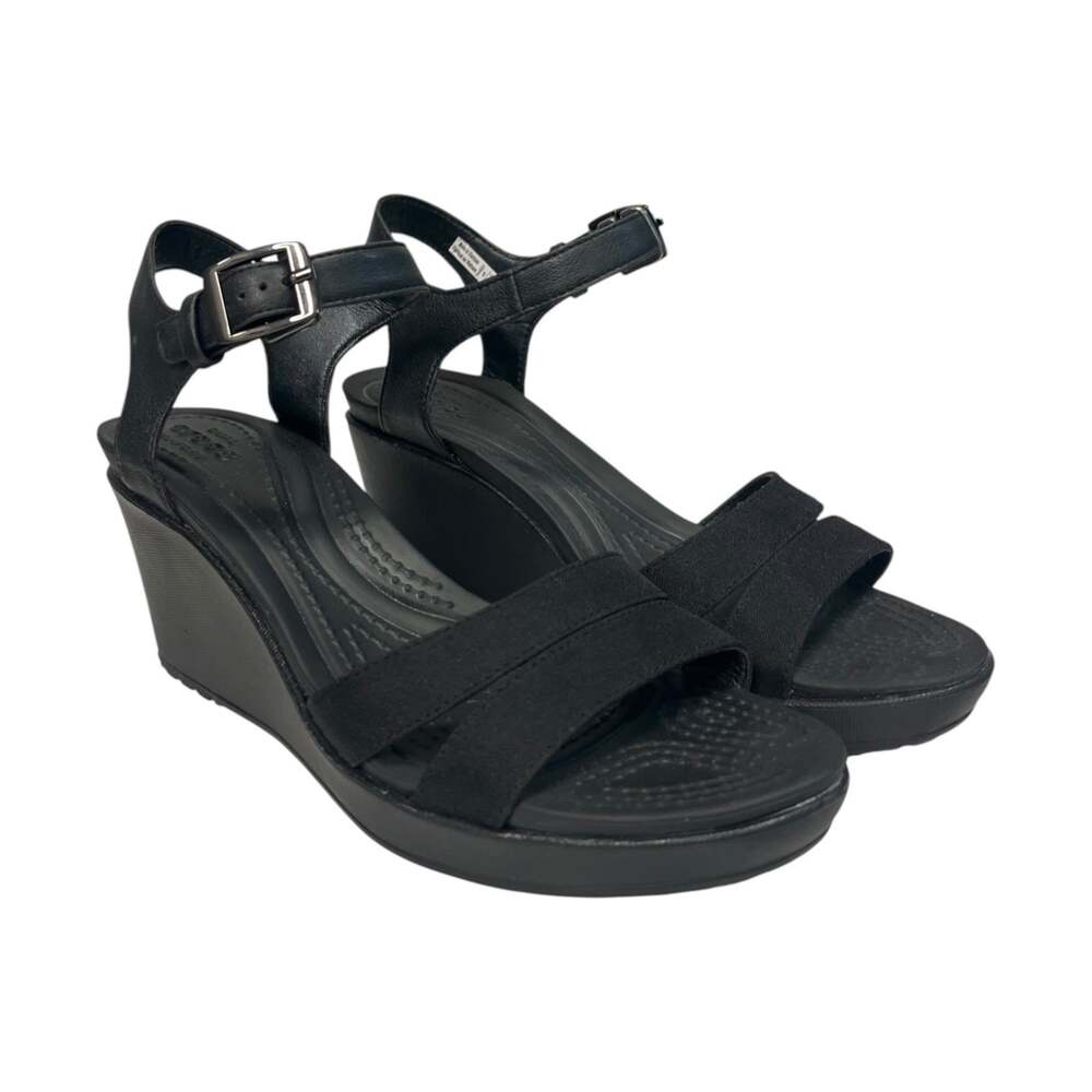 Crocs Leigh II Wedge Sandals Shoes Womens 8 Black Ankle Strap Comfort Platform